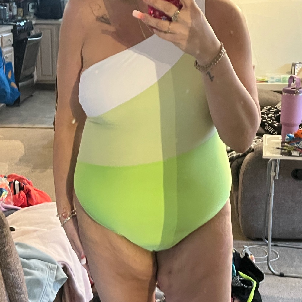 SHEIN One Shoulder White and Green One Piece Swimsuit